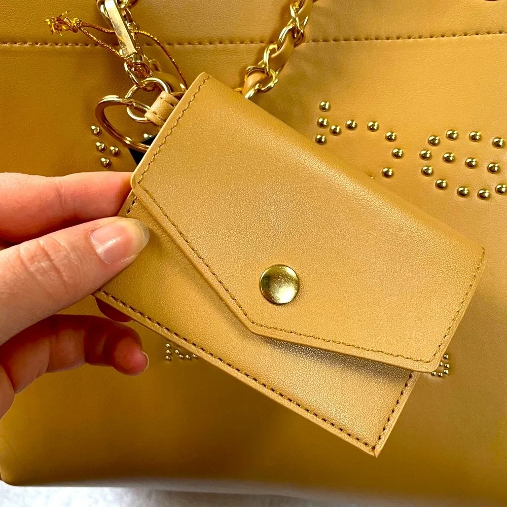 Bebe tan tote with beaded branding and card case